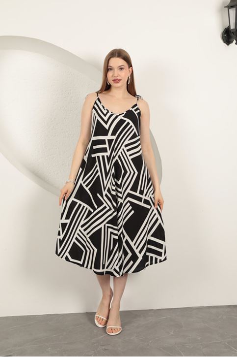 Viskon Kumaş Çizgili Elbise-Siyah