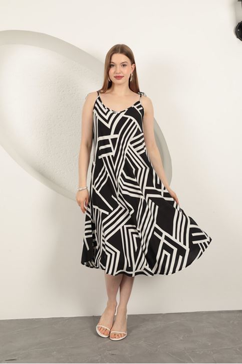 Viskon Kumaş Çizgili Elbise-Siyah