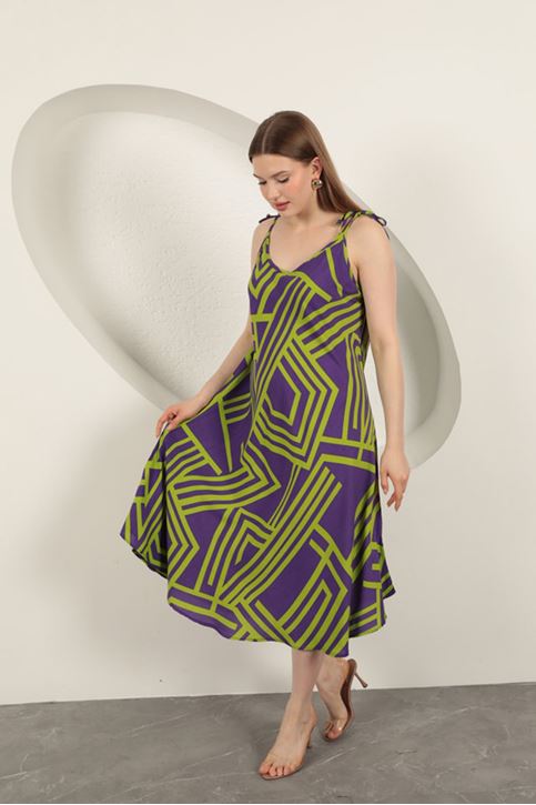 Viskon Kumaş Çizgili Elbise-Mor