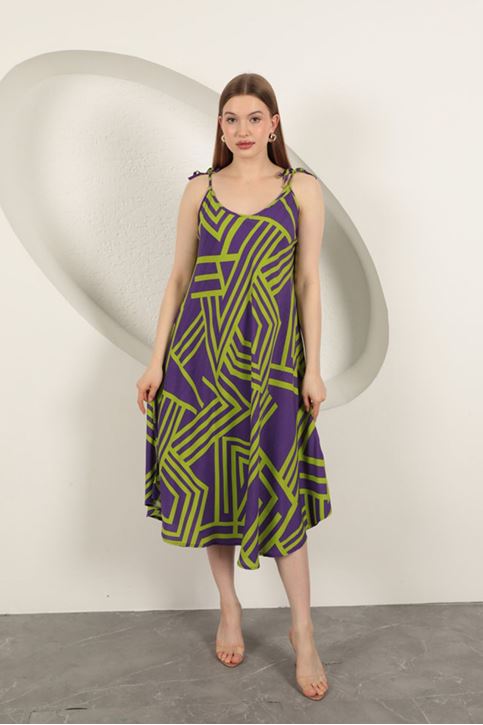 Viskon Kumaş Çizgili Elbise-Mor