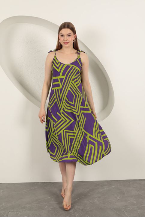 Viskon Kumaş Çizgili Elbise-Mor