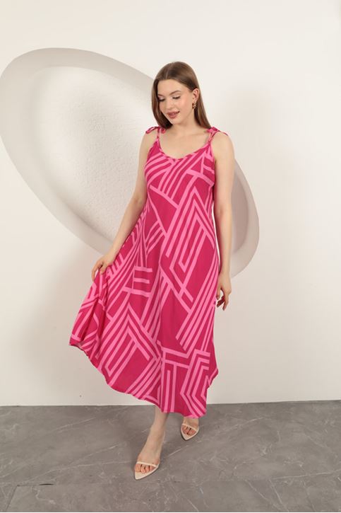 Viskon Kumaş Çizgili Elbise-Fuşya