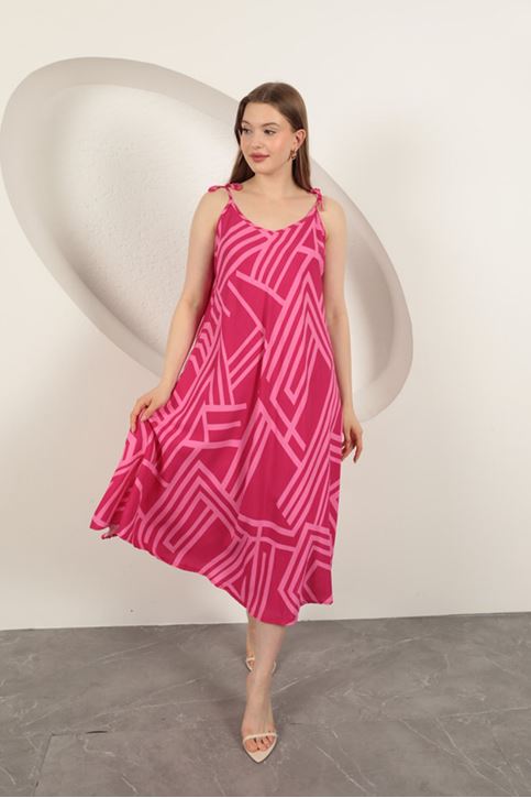 Viskon Kumaş Çizgili Elbise-Fuşya