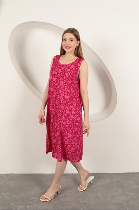 Viscose Fabric Flower Patterned Dress-Fuchsia