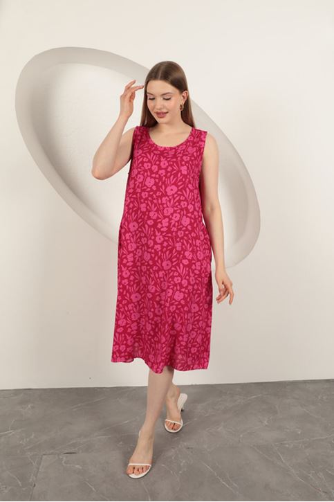 Viscose Fabric Flower Patterned Dress-Fuchsia
