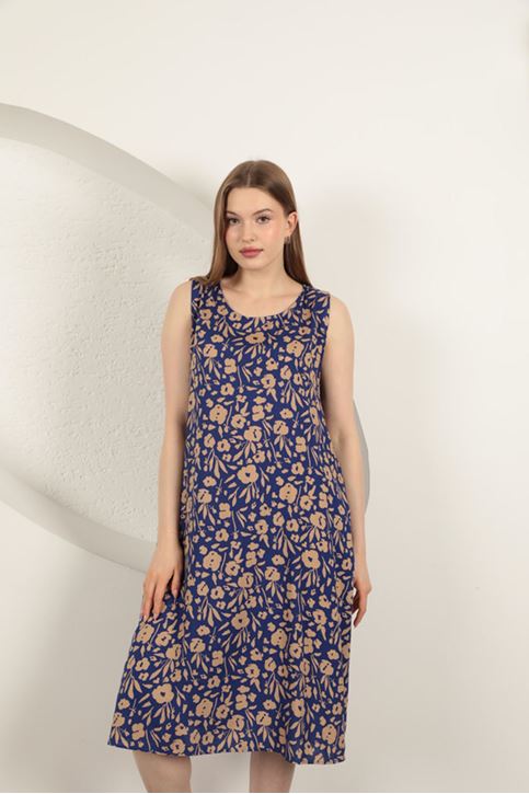 Viscose Fabric Flower Patterned Dress-Sax