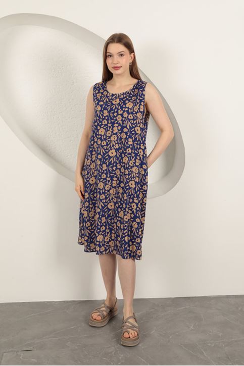 Viscose Fabric Flower Patterned Dress-Sax