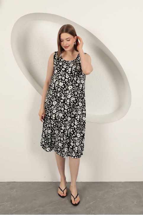 Viscose Fabric Floral Patterned Dress-Black