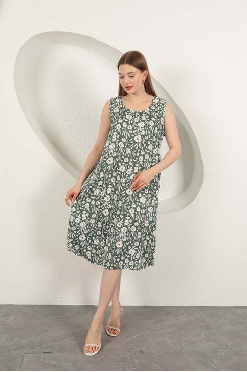 Viskon Kumaş Çiçek Desenli Elbise-Haki