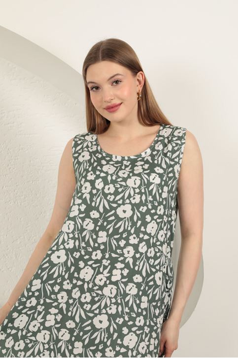 Viscose Fabric Floral Patterned Dress-Khaki