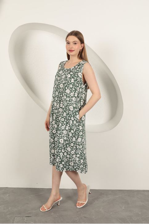 Viscose Fabric Floral Patterned Dress-Khaki