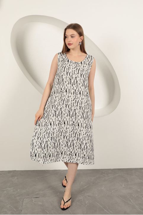 فستان منقوش من قماش الفيسكوز - بيج فاتح