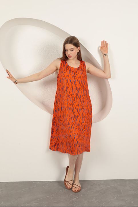 Viskon Kumaş Desenli Elbise-Oranj