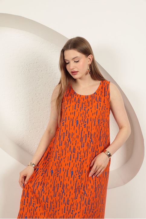 Viskon Kumaş Desenli Elbise-Oranj