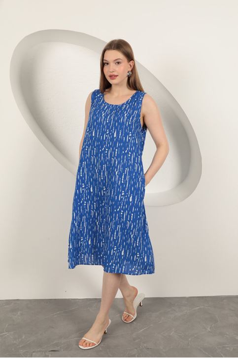 Viskon Kumaş Desenli Elbise-Saks