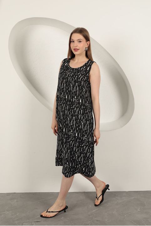 Viskon Kumaş Desenli Elbise-Siyah