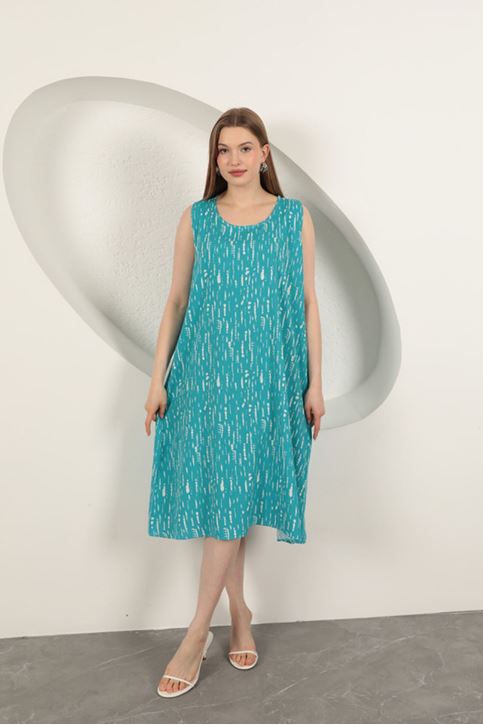 Viskon Kumaş Desenli Elbise-Turkuaz