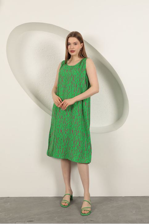Viskon Kumaş Desenli Elbise-Yeşil