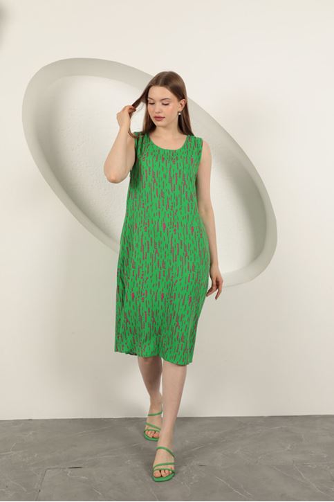 Viskon Kumaş Desenli Elbise-Yeşil