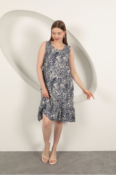 Viskon Desenli Elbise-Lacivert