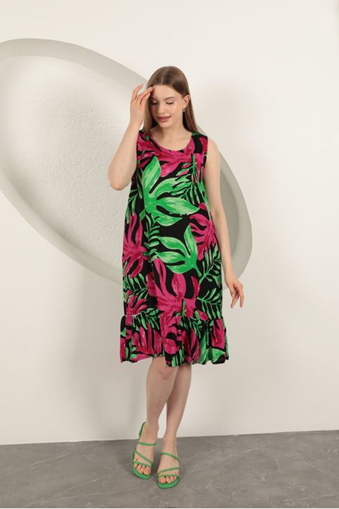 Viskon Kumaş Desenli Elbise-Fuşya