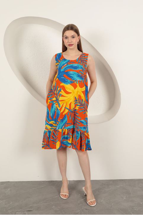 Viskon Kumaş Desenli Elbise-Sarı