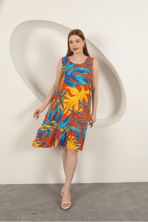 Viskon Kumaş Desenli Elbise-Sarı