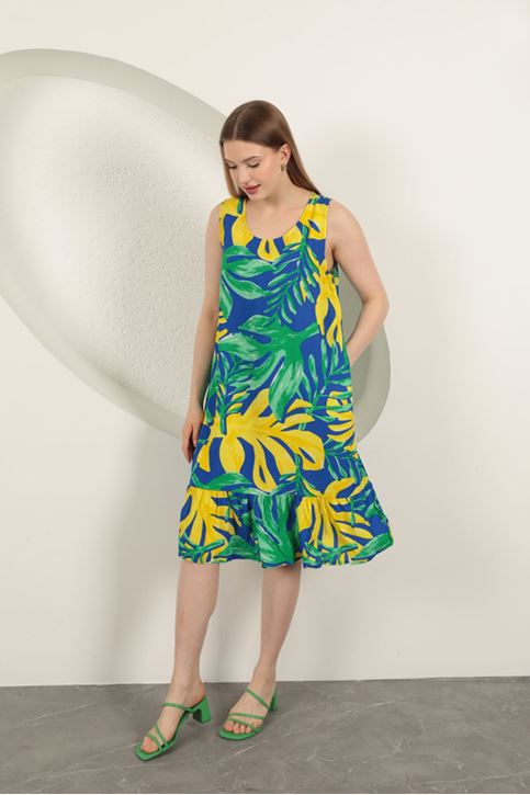 Viskon Kumaş Desenli Elbise-Yeşil