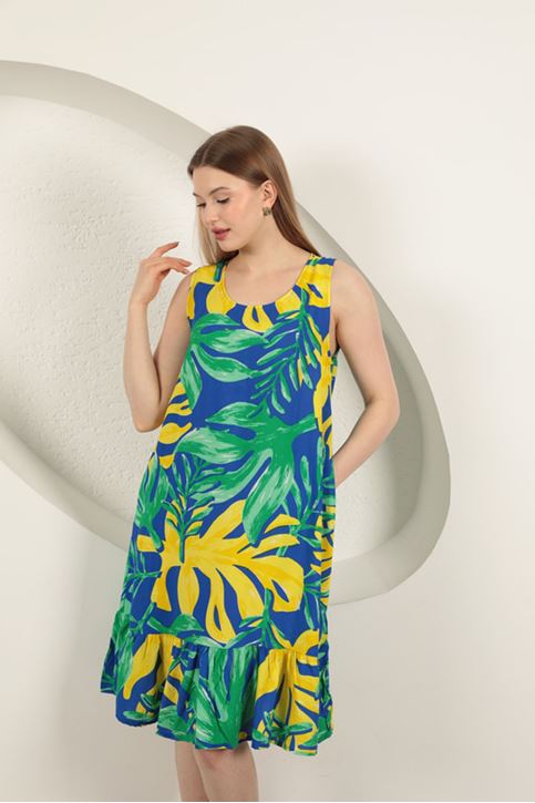 Viskon Kumaş Desenli Elbise-Yeşil