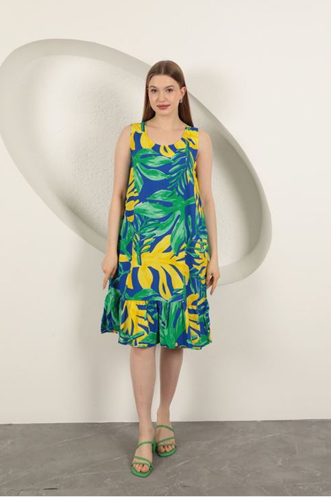 Viskon Kumaş Desenli Elbise-Yeşil