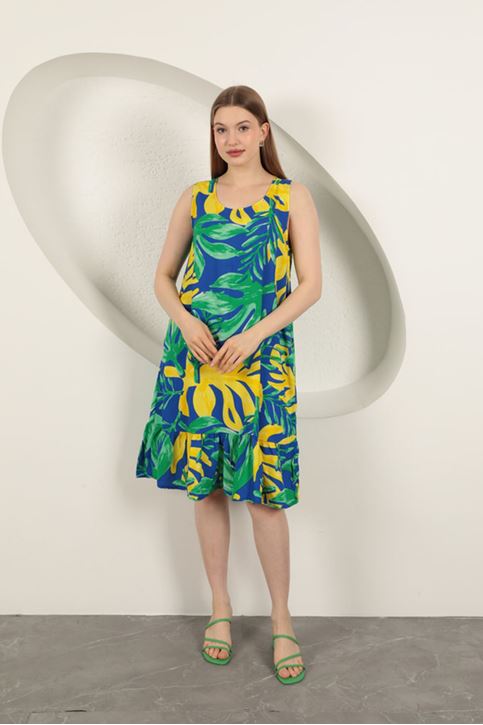 Viskon Kumaş Desenli Elbise-Yeşil