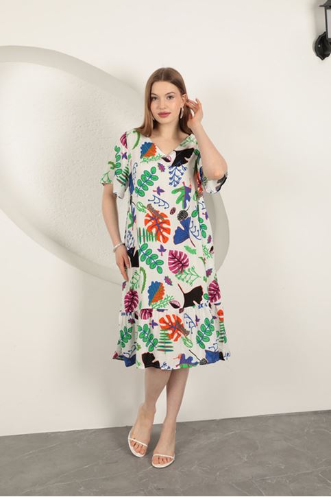 Viscose Leaf Pattern Dress-Ecru
