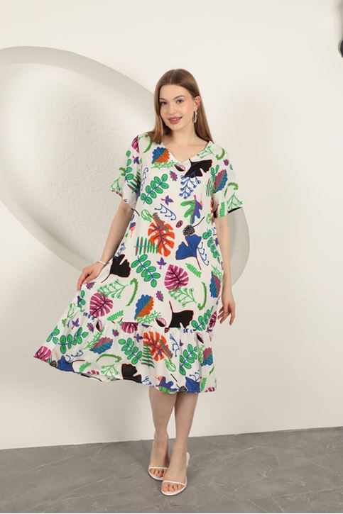 Viskon Yaprak Desen Elbise-Ekru