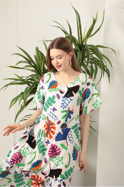 Viscose Leaf Pattern Dress-Ecru