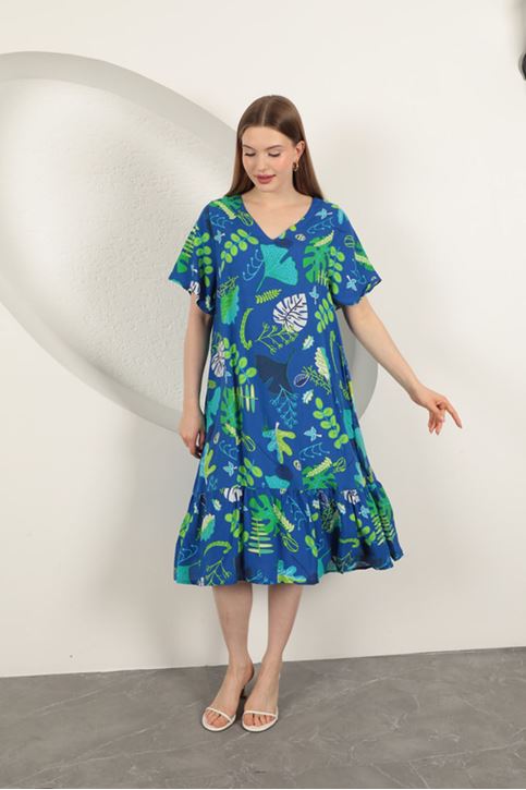 Viscose Leaf Pattern Dress-Sax