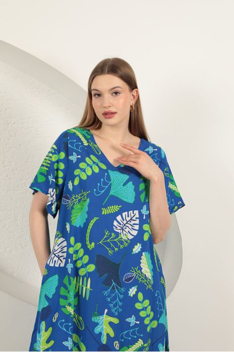 Viscose Leaf Pattern Dress-Sax
