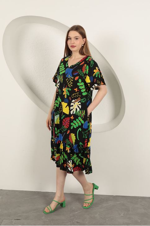 Viscose Leaf Pattern Dress-Black