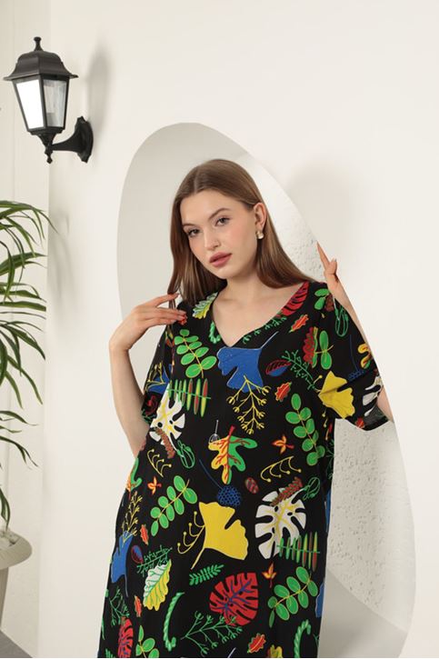 Viscose Leaf Pattern Dress-Black