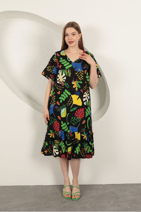 Viscose Leaf Pattern Dress-Black