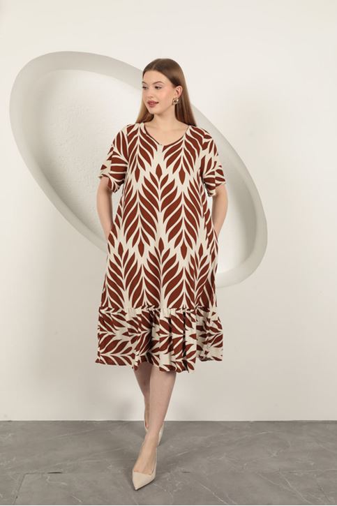 Viskon Kumaş Yaprak Desen Elbise-Kahve
