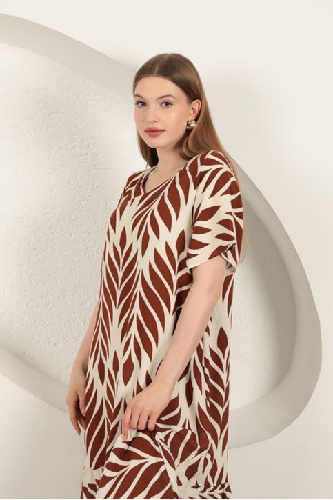 Viskon Kumaş Yaprak Desen Elbise-Kahve