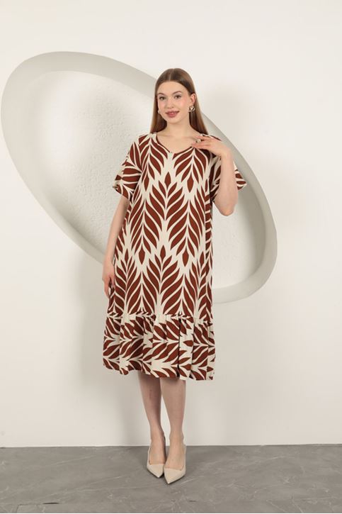 Viskon Kumaş Yaprak Desen Elbise-Kahve