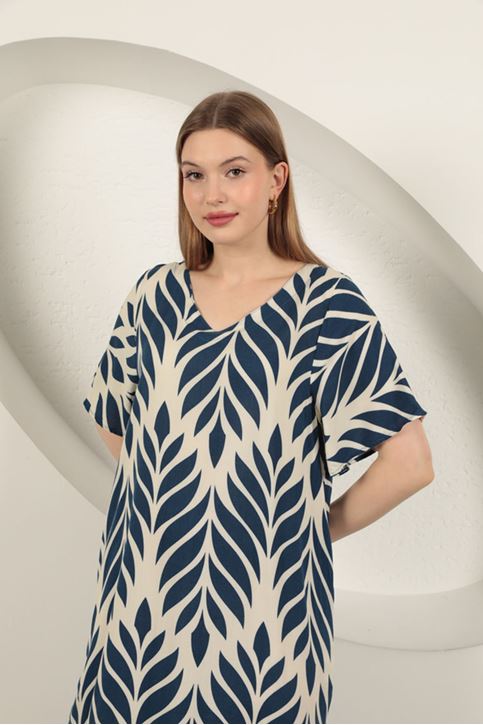 Viskon Kumaş Yaprak Desen Elbise-Lacivert