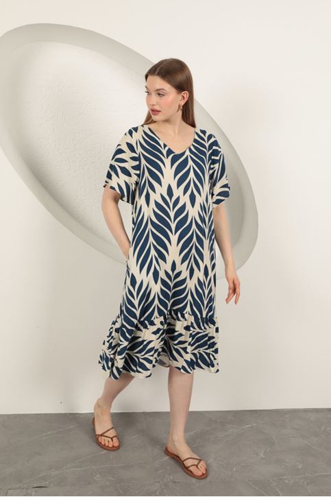 Viskon Kumaş Yaprak Desen Elbise-Lacivert