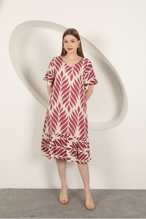 Viskon Kumaş Yaprak Desen Elbise-Mürdüm