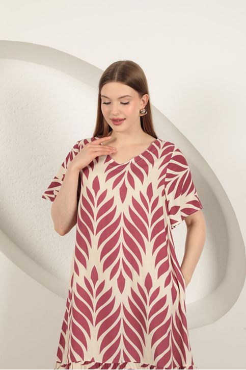 Viskon Kumaş Yaprak Desen Elbise-Mürdüm