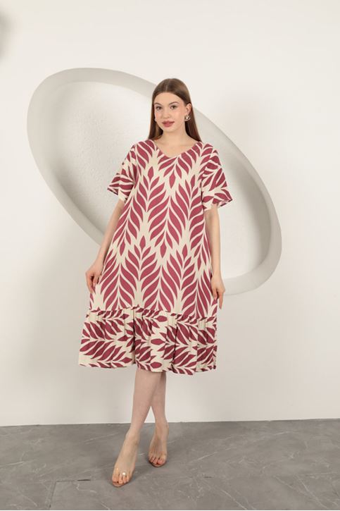 Viskon Kumaş Yaprak Desen Elbise-Mürdüm