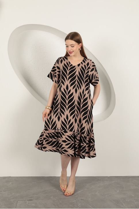 Viskon Kumaş Yaprak Desen Elbise-Siyah