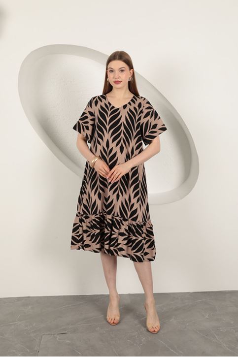 Viskon Kumaş Yaprak Desen Elbise-Siyah