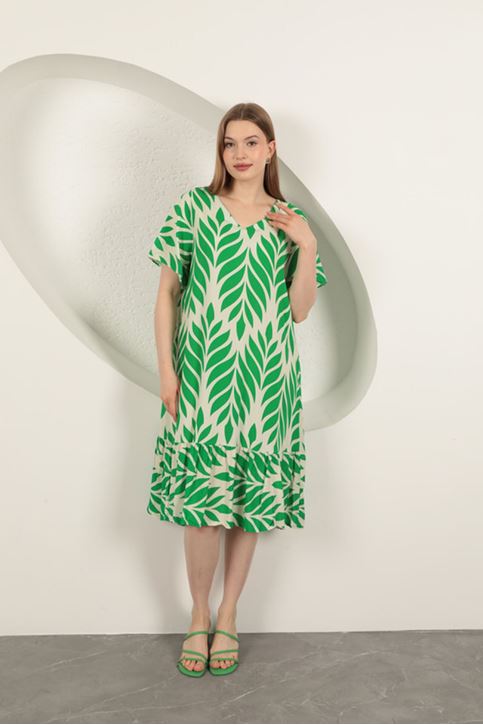 Viskon Kumaş Yaprak Desen Elbise-Yeşil
